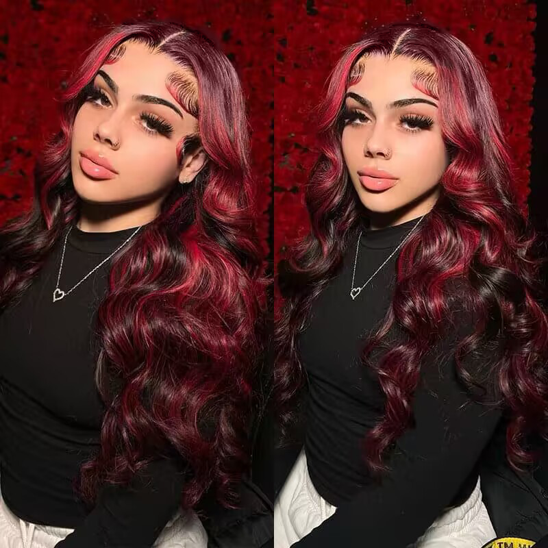 Sterly Dark Burgundy Wig With Red Strunk Stripe Body Wave Colored Highlight Human Hair Wigs Blonde Magic - sterlyhair