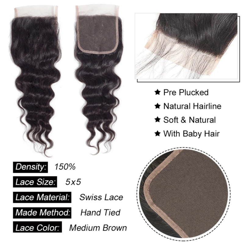 Sterly Loose Deep Human Hair Bundles With 5x5 Lace Closure