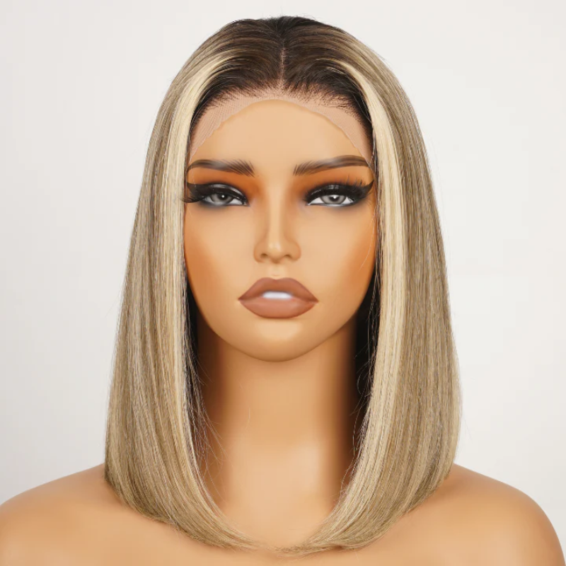Sterly Ombre Ash Blonde Straight Short Bob Wigs 13×4 Transparent Lace Frontal Wig