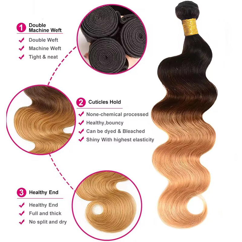 Sterly Colored Body Wave Bundles With 5×5 Lace Closure T1B/4/27 Ombre Human Bundles With 13x6 Lace Frontal