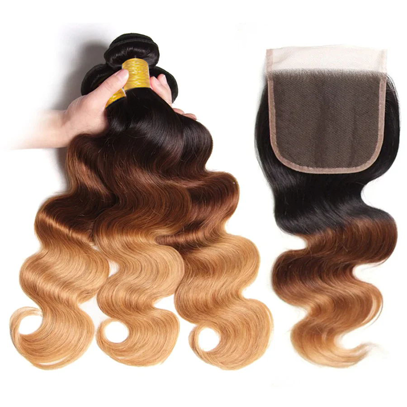 Sterly Colored Body Wave Bundles With 5×5 Lace Closure T1B/4/27 Ombre Human Bundles With 13x6 Lace Frontal