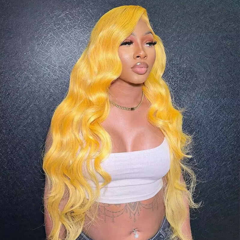 Sterly Yellow Long 13×4 Body Wave Frontal Lace Wig Colored Human Hair Wigs