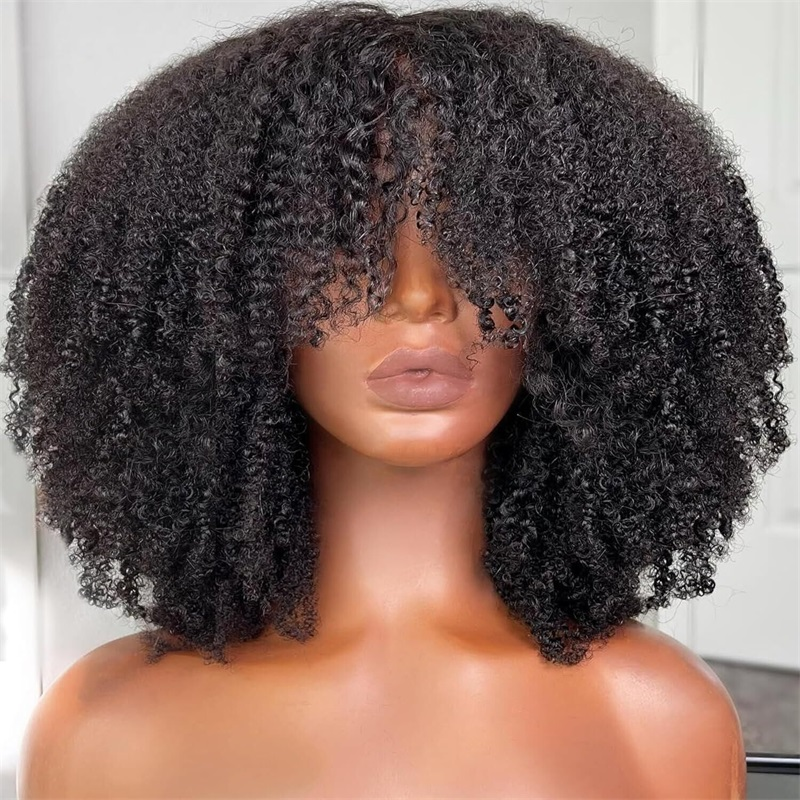 4b/4c Glueless Kinky Curly Human Hair Wig with Bangs Ombre Brown Full Machine Made Scalp Top Wig 250% Density