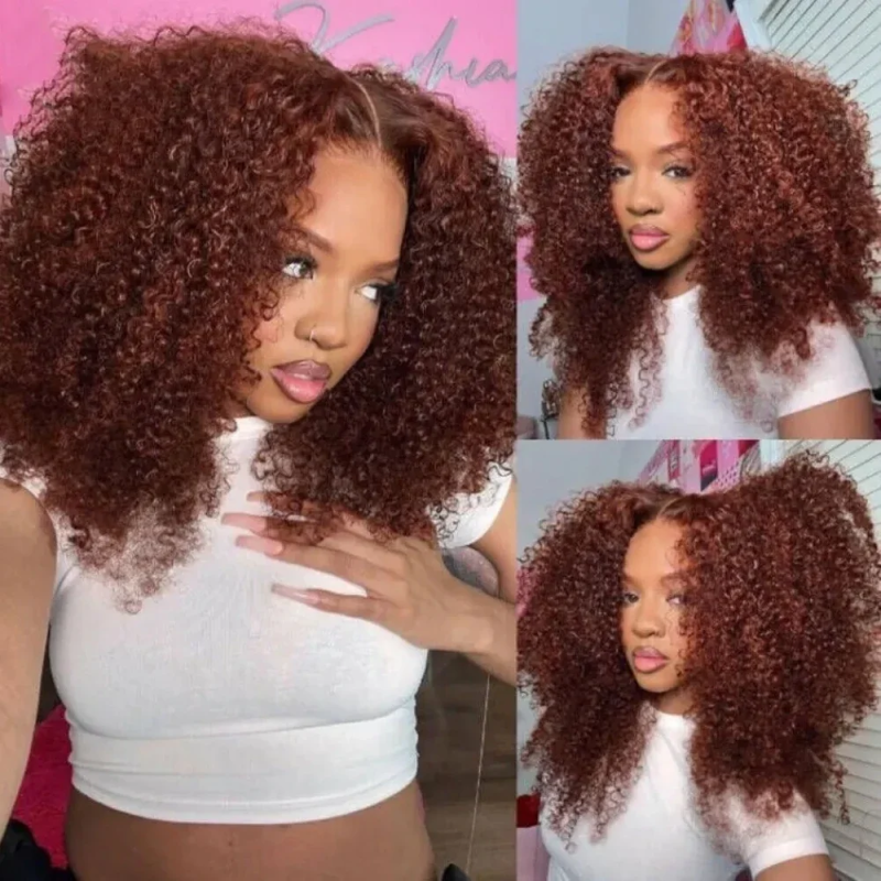 3c/4a  Highlight & Chocolate Brown & Reddish Brown Kinky Curly Wig Perfect Curls Pattern 13×6/5x5 Lace Human Hair Wigs