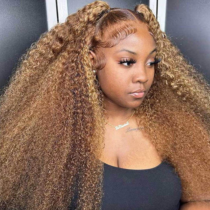 Highlight &amp; Chocolate Brown &amp; Reddish Brown Kinky Curly Wig Glueless 13×6 Wigs - sterlyhair