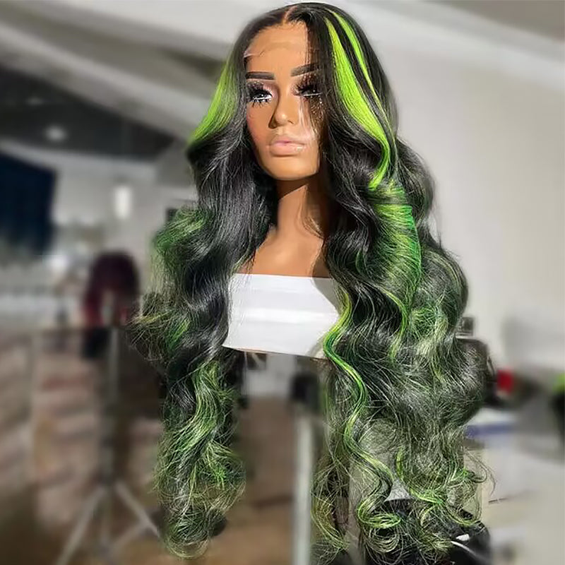 Sterly Green Highlight With Natural Black Body Wave 13×6 Transparent Lace Front Human Hair Colored Wigs - sterlyhair