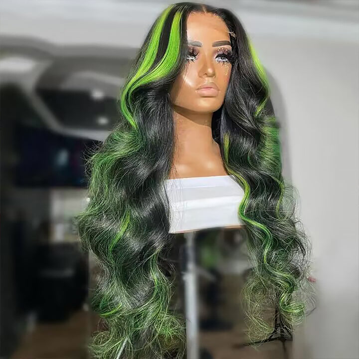 Sterly Green Highlight With Natural Black Body Wave 13×6 Transparent Lace Front Human Hair Colored Wigs - sterlyhair