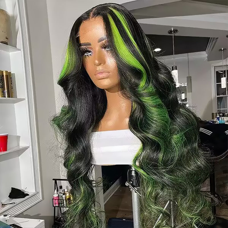 Sterly Green Highlight With Natural Black Body Wave 13×6 Transparent Lace Front Human Hair Colored Wigs - sterlyhair