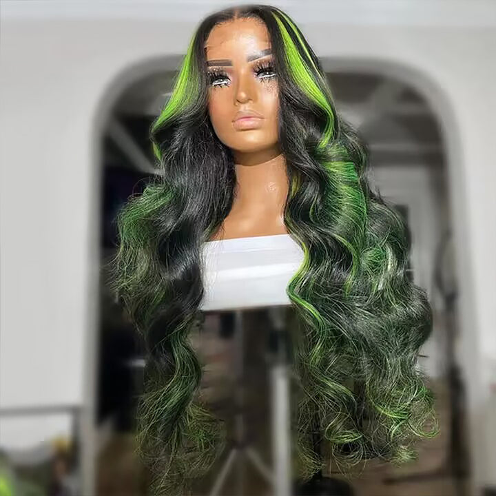 Sterly Green Highlight With Natural Black Body Wave 13×6 Transparent Lace Front Human Hair Colored Wigs - sterlyhair