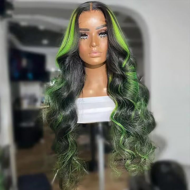 Sterly Green Highlight With Natural Black Body Wave 13×6 Transparent Lace Front Human Hair Colored Wigs - sterlyhair