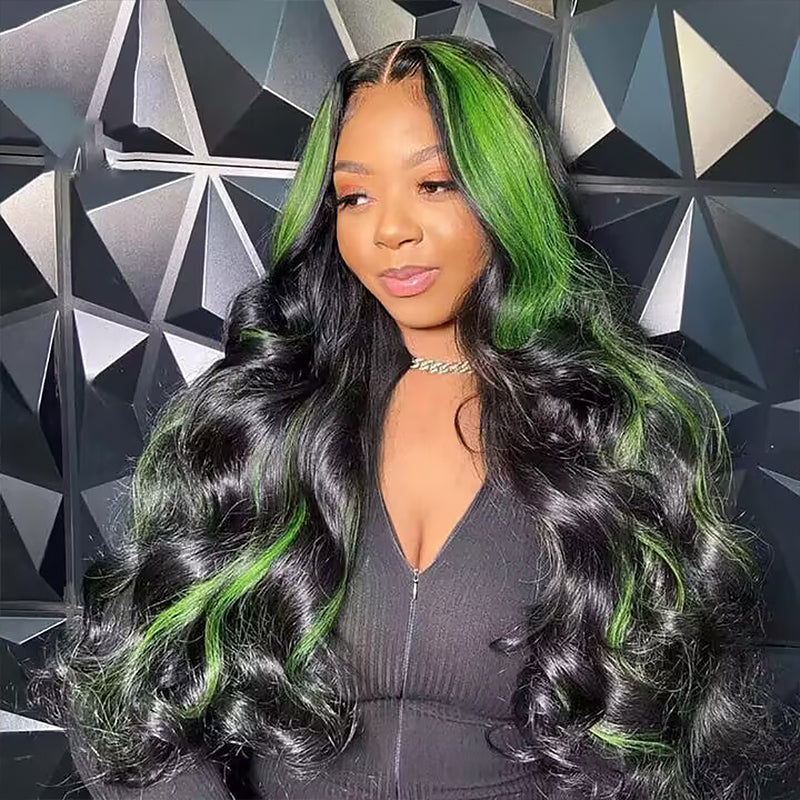 Sterly Green Highlight With Natural Black Body Wave 13×6 Transparent Lace Front Human Hair Colored Wigs - sterlyhair