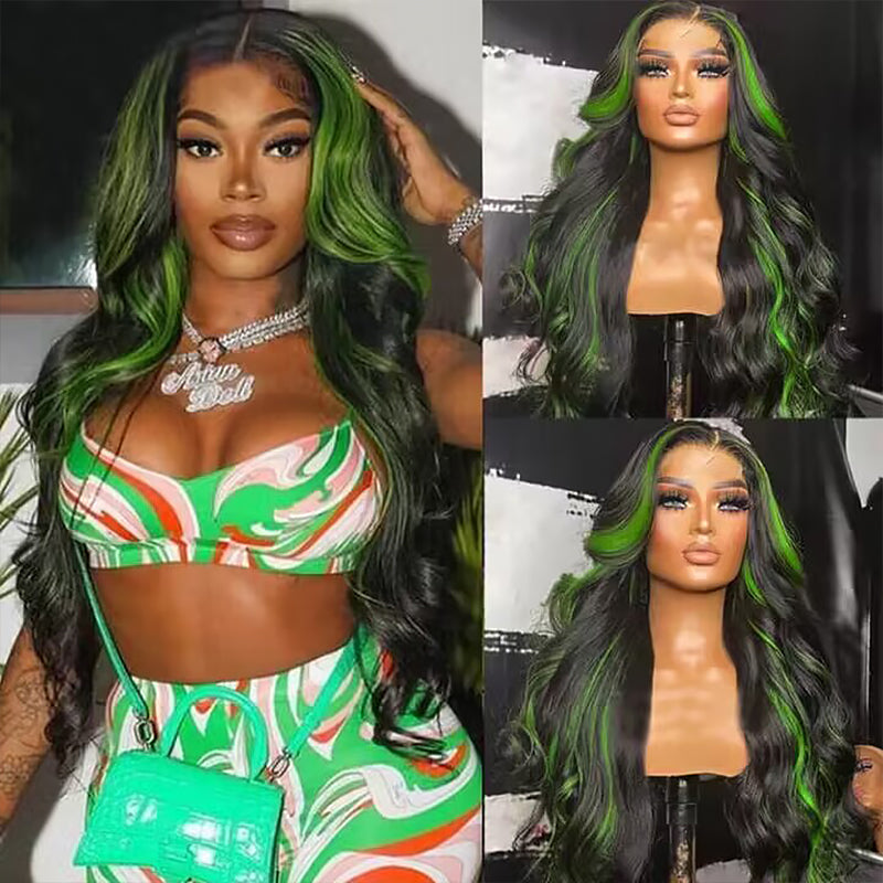 Sterly Green Highlight With Natural Black Body Wave 13×6 Transparent Lace Front Human Hair Colored Wigs - sterlyhair