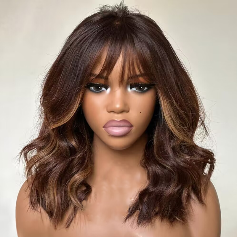 Ombre Chestnut Brown Highlights Designer Layered Wavy Curtain Bangs 5x5 Glueless Closure Wig