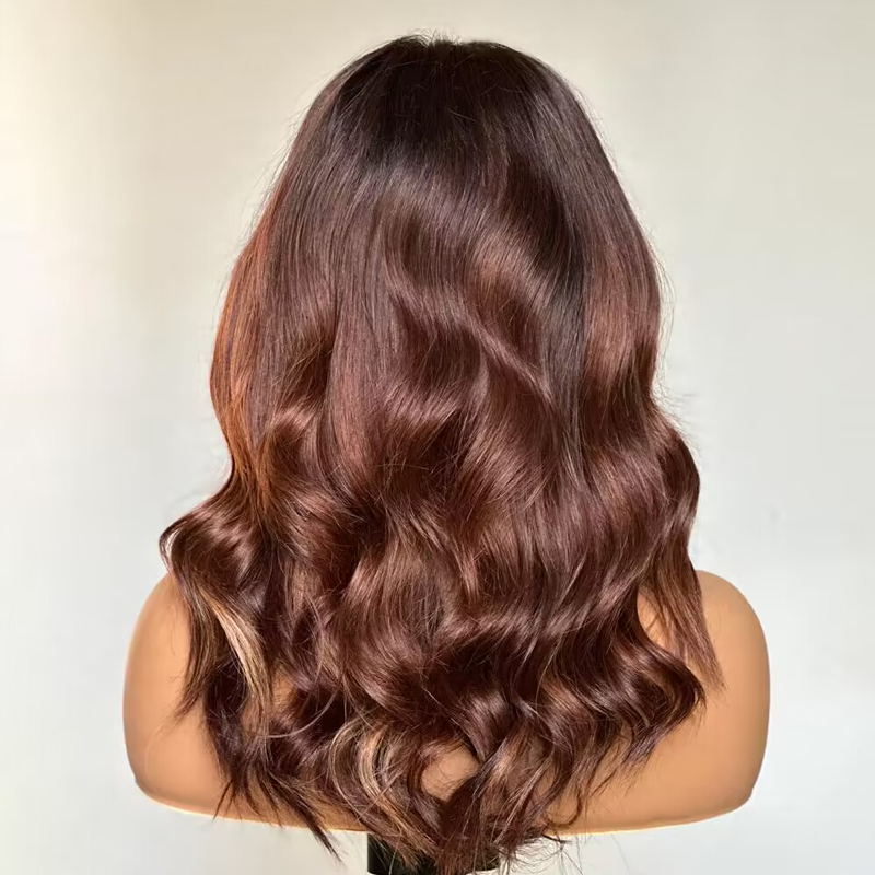 Ombre Chestnut Brown Highlights Designer Layered Wavy Curtain Bangs 5x5 Glueless Closure Wig