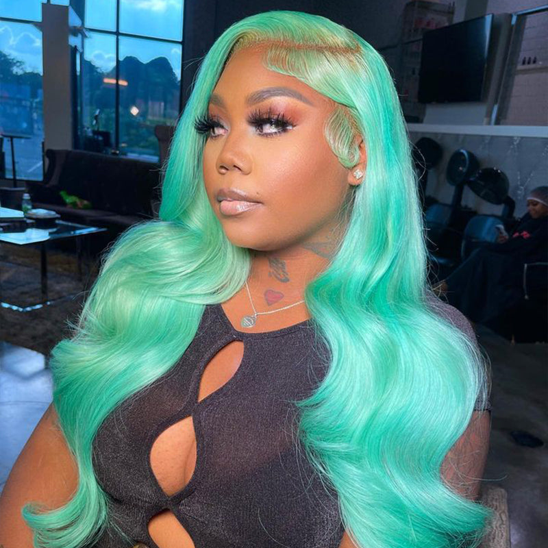 Sterly Mint Green Human Hair Wig Body Wave Lace Front Wig - sterlyhair