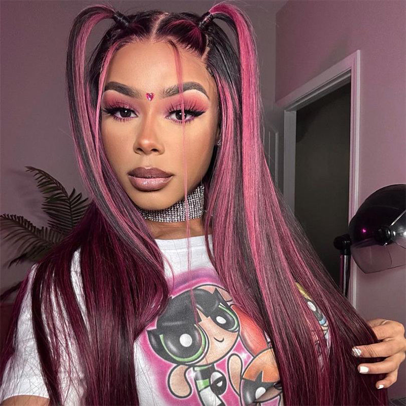 Sterly Transparent Lace Black Hair With Red Purple Highlights Straight Human Hair Wigs - sterlyhair