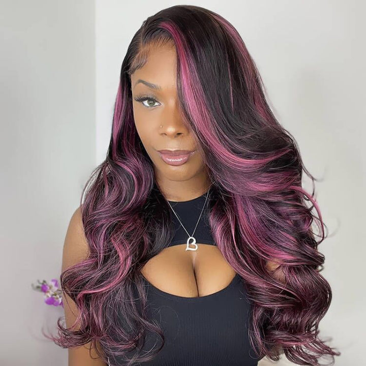 Sterly Transparent Lace Black Hair With Red Purple Highlights Straight Human Hair Wigs - sterlyhair