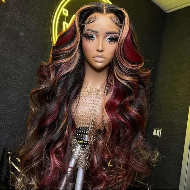 Sterly Black with Burgundy &amp; Blonde Highlights 13x6 Lace Front Red And Blonde Loose Body Wave Wig - sterlyhair