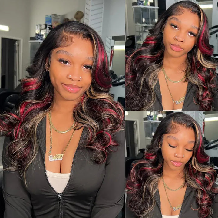 Sterly Black with Burgundy &amp; Blonde Highlights 13x6 Lace Front Red And Blonde Loose Body Wave Wig - sterlyhair