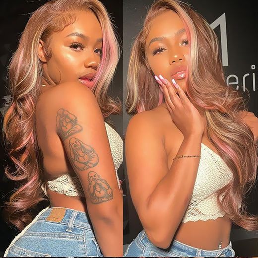 Sterly Pink Blonde Balayage On Brown Hair Wigs Loose Body Wave Lace Closure Front Wigs - sterlyhair