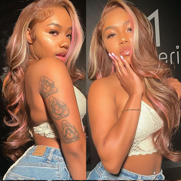 Sterly Pink Blonde Balayage On Brown Hair Wigs Loose Body Wave Lace Closure Front Wigs - sterlyhair