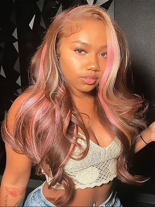 Sterly Pink Blonde Balayage On Brown Hair Wigs Loose Body Wave Lace Closure Front Wigs - sterlyhair