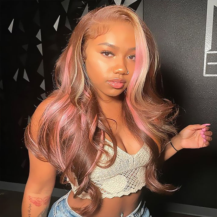 Sterly Pink Blonde Balayage On Brown Hair Wigs Loose Body Wave Lace Closure Front Wigs - sterlyhair