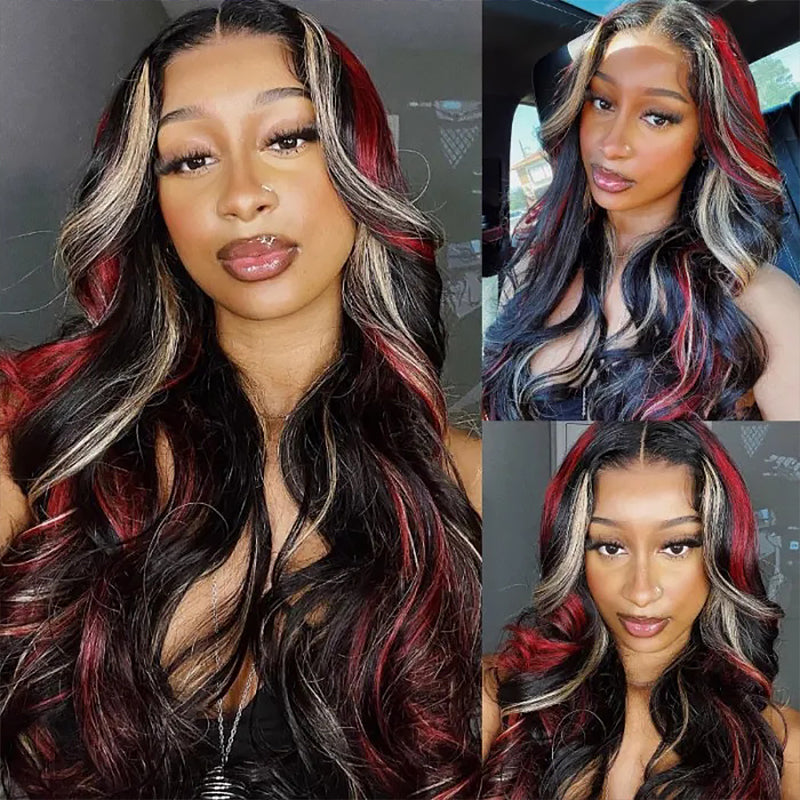 Sterly Black with Burgundy &amp; Blonde Highlights 13x6 Lace Front Red And Blonde Loose Body Wave Wig - sterlyhair