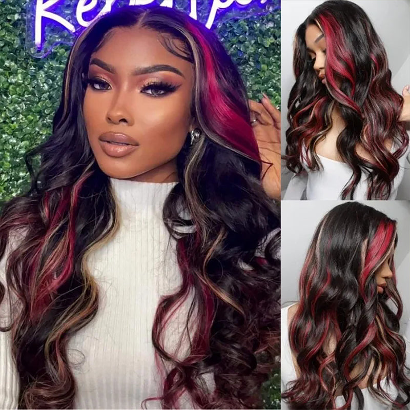 Sterly Black with Burgundy &amp; Blonde Highlights 13x6 Lace Front Red And Blonde Loose Body Wave Wig - sterlyhair