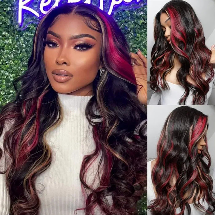 Sterly Black with Burgundy &amp; Blonde Highlights 13x6 Lace Front Red And Blonde Loose Body Wave Wig - sterlyhair