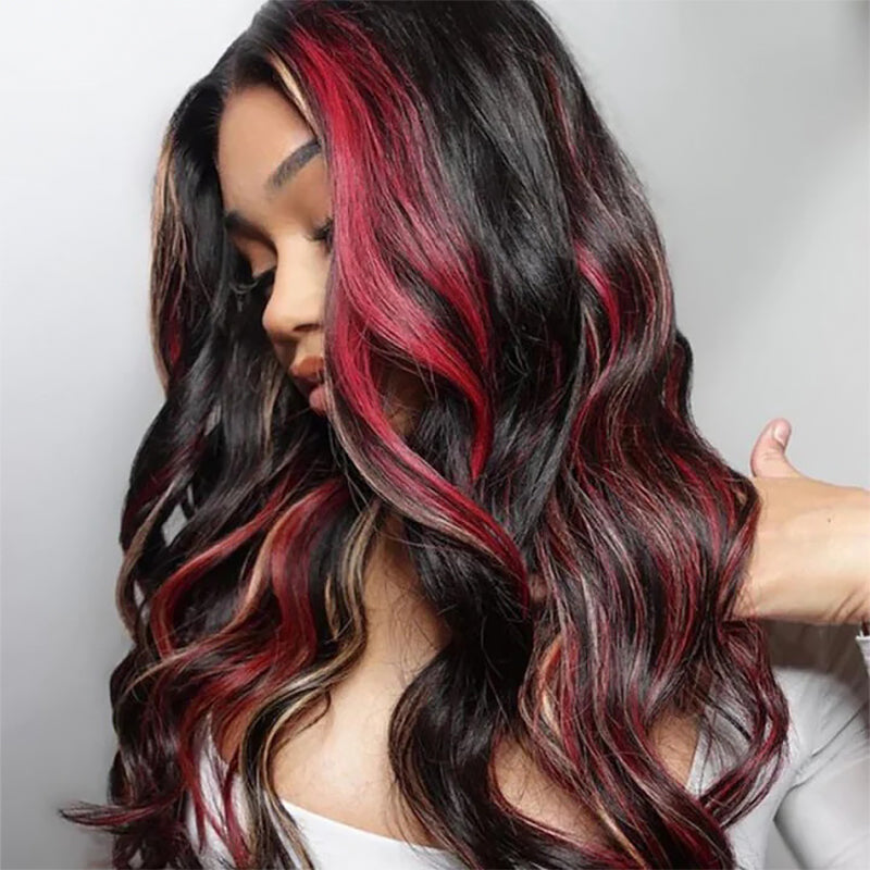 Sterly Black with Burgundy &amp; Blonde Highlights 13x6 Lace Front Red And Blonde Loose Body Wave Wig - sterlyhair