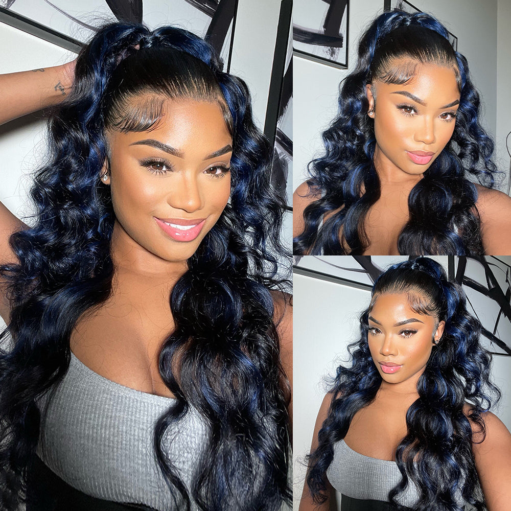 Sterly Blue Highlight With Black Hair Body Wave 13×4/13×6 Transparent Lace Front Human Hair Colored Wigs