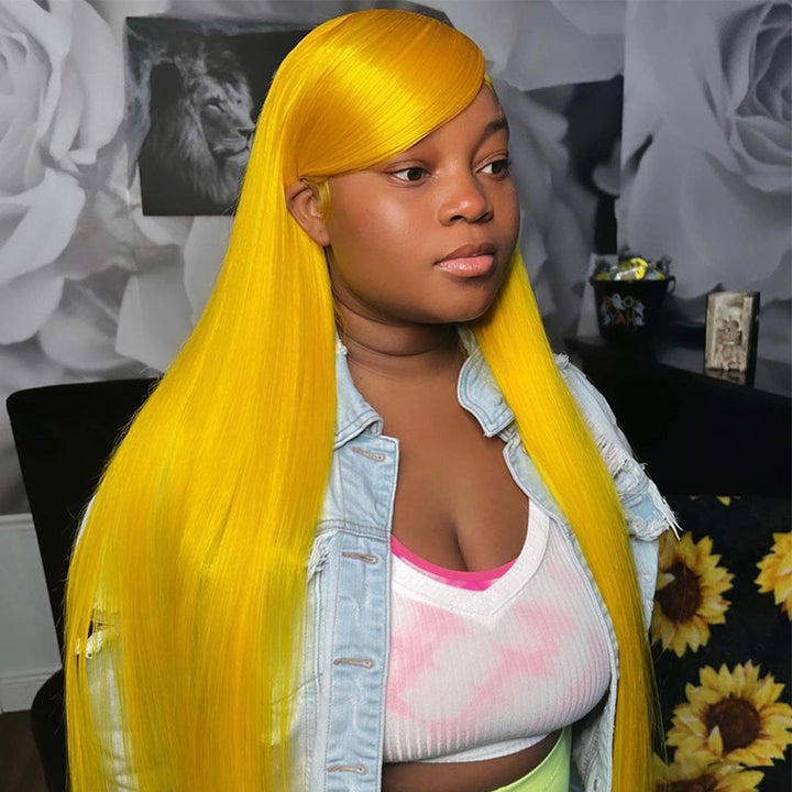 Sterly Yellow Long Silky Straight 13×6 Frontal Lace Wig Colored Human Hair Wigs - sterlyhair