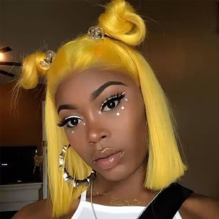 Sterly Yellow Wig Straight Short Bob Human Hair 13x4 Transparent Lace Front Wig