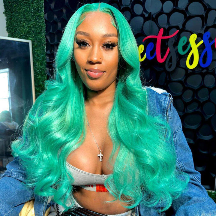 Sterly Mint Green Human Hair Wig Body Wave Lace Front Wig - sterlyhair