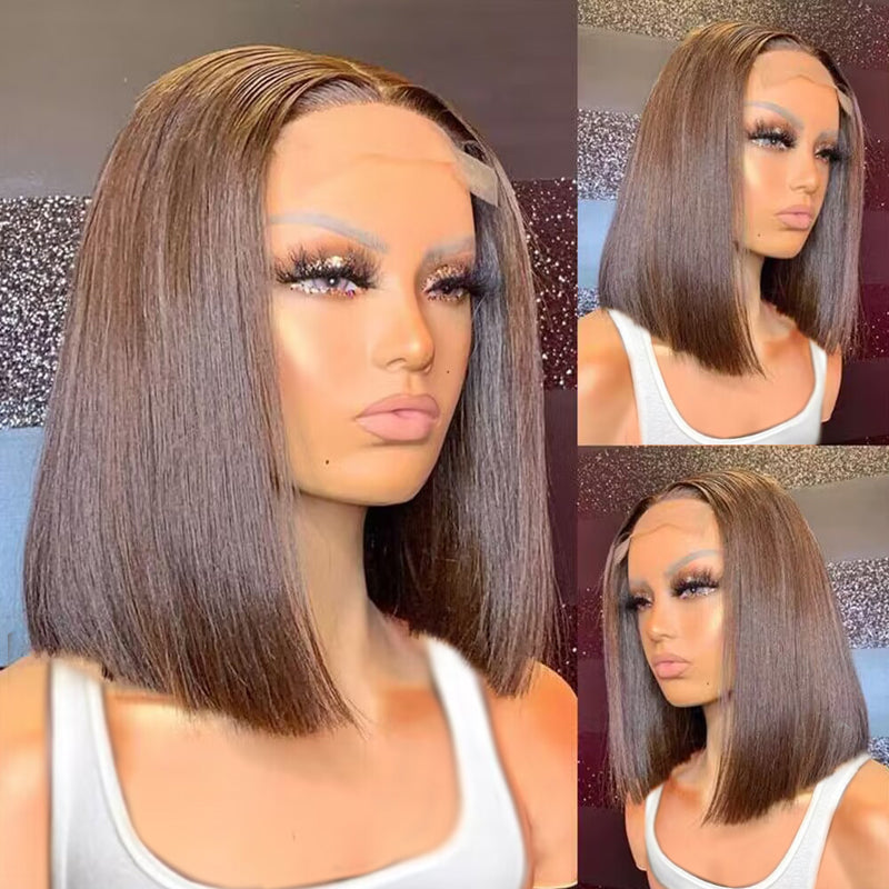 #4 Chocolate Brown Frontal Wigs Human Hair 13×6 Straight Short Bob Wigs - sterlyhair