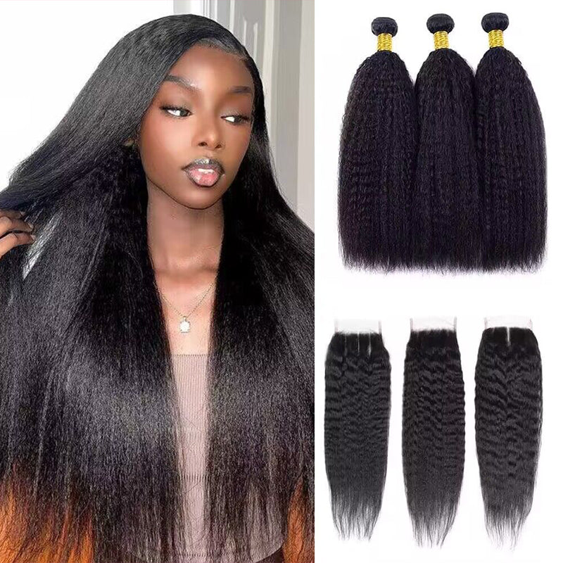 Sterly Yaki Straight Hair 3 Bundles with 4×4 Lace Closure Human Hair Natural Color
