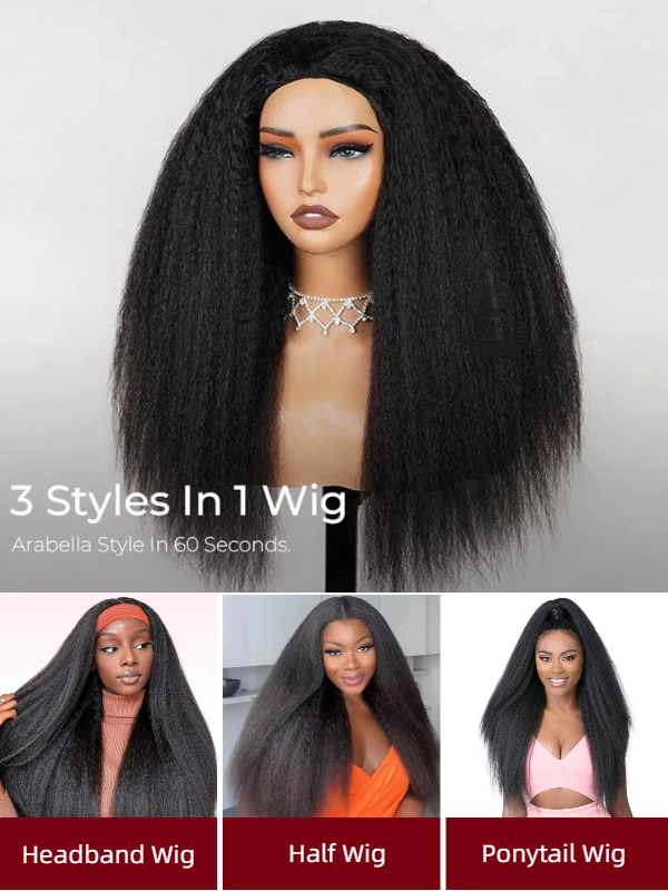 3-In-1 Half Wig Kinky Straight Glueless Flexi-Fit Drawstring Wig Beginner Friendly