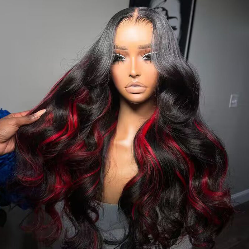 Sterly Red Highlight With Natural Black Body Wave 13×6 Transparent Lace Front Human Hair Colored Wigs - sterlyhair