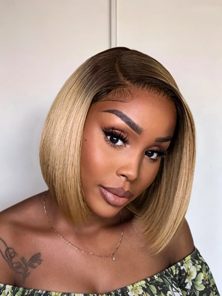 Ash Blonde Ombre Human Hair Wigs Layered Cut Glueless Minimalist Lace Short Wig - sterlyhair