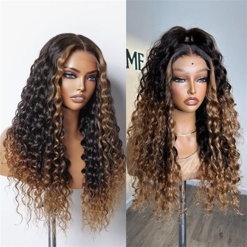 Fluffy Brown Ombre Highlights Water Wave Wigs For Women Colored Human Hair Wig
