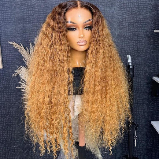 Deep Wave Ombre Honey Light Brown Wig With Chocolate Brown Dark Roots - sterlyhair