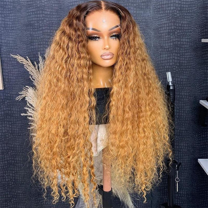 Deep Wave Ombre Honey Light Brown Wig With Chocolate Brown Dark Roots - sterlyhair