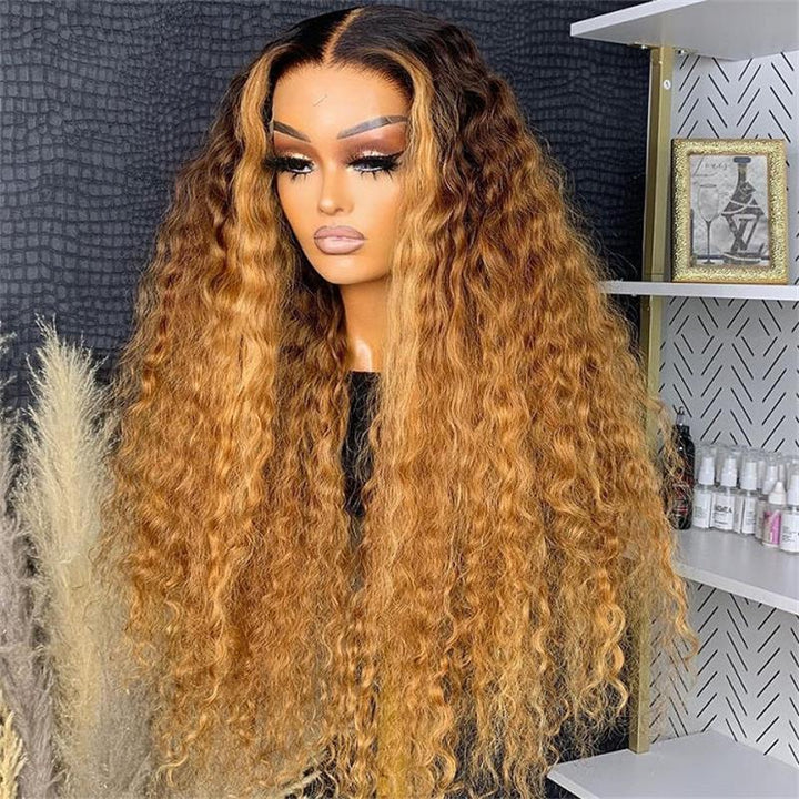 Deep Wave Ombre Honey Light Brown Wig With Chocolate Brown Dark Roots - sterlyhair
