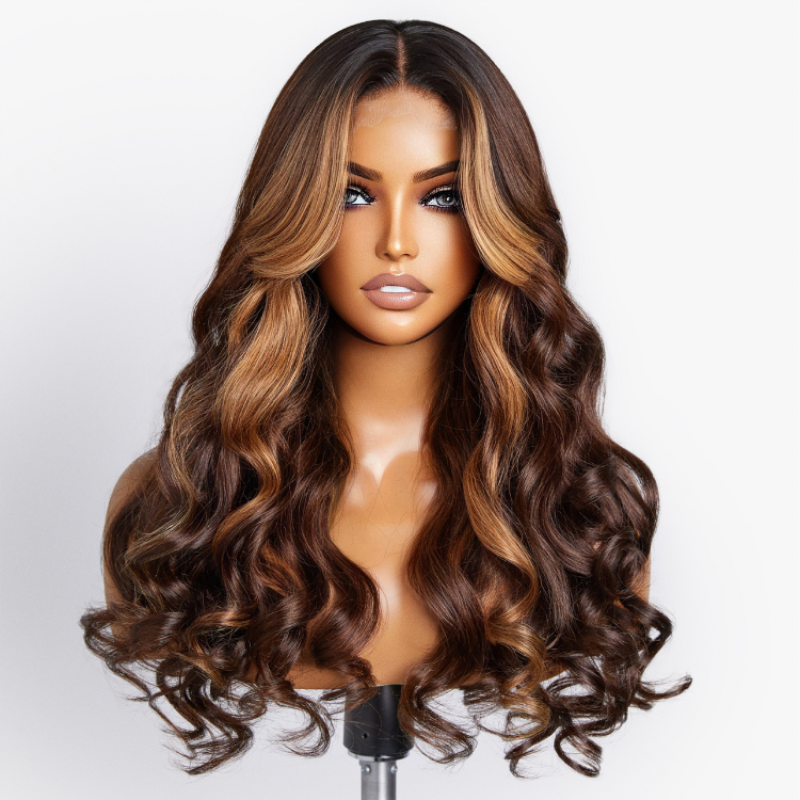 Brown Highlight With Natural Hair Roots Loose Wave Glueless HD Lace Wig