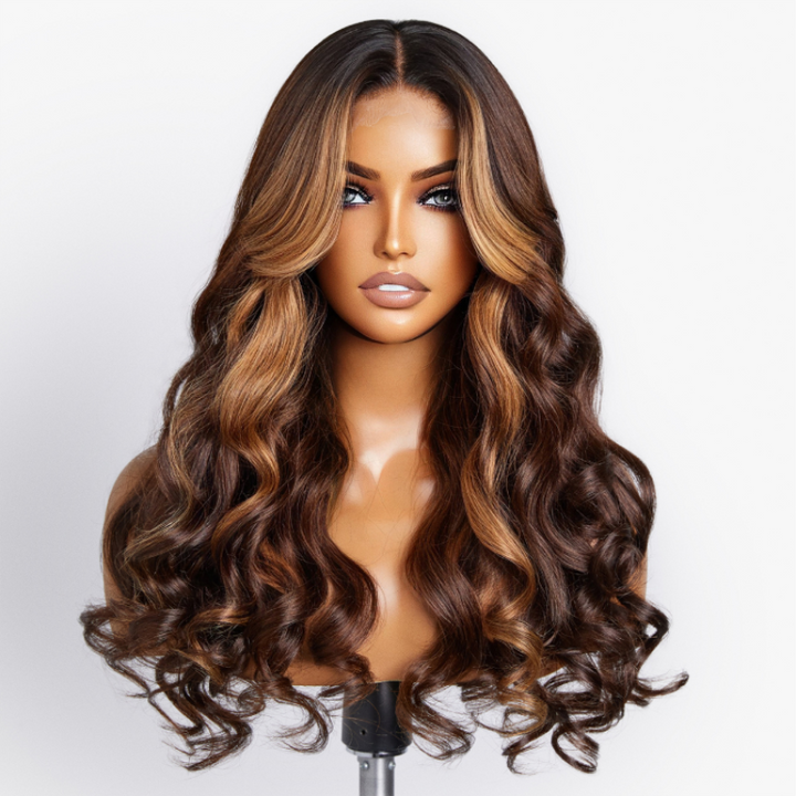 Brown Highlight With Natural Hair Roots Loose Wave Glueless HD Lace Wig - sterlyhair