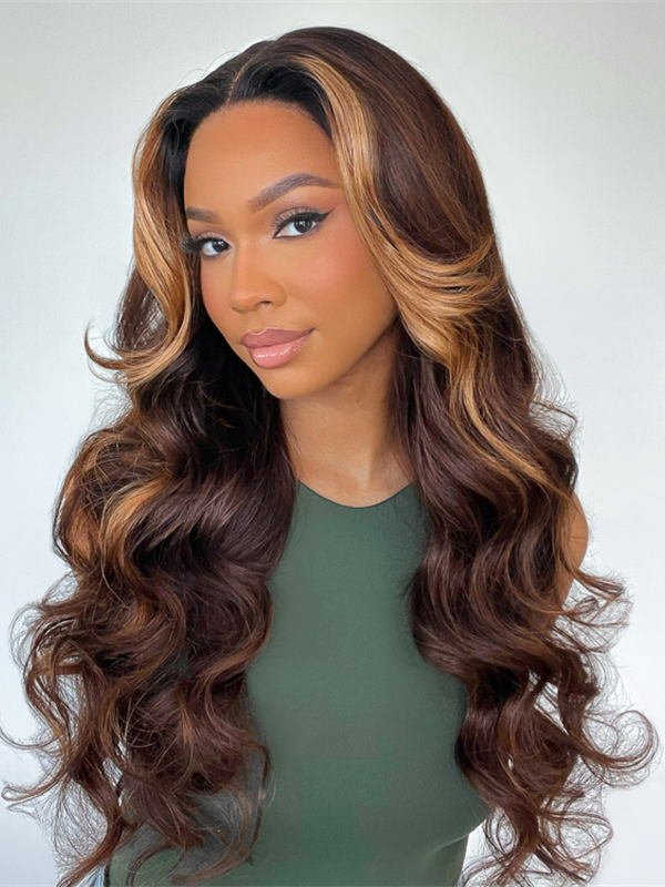 Brown Highlight With Natural Hair Roots Loose Wave Glueless HD Lace Wig - sterlyhair