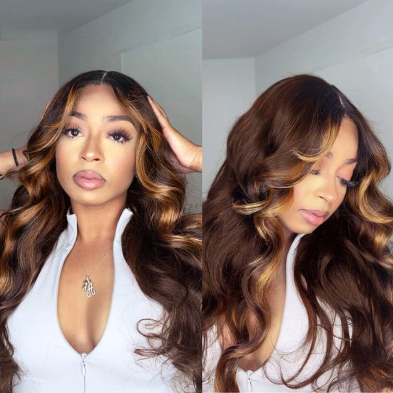 Brown Highlight With Natural Hair Roots Loose Wave Glueless HD Lace Wig - sterlyhair