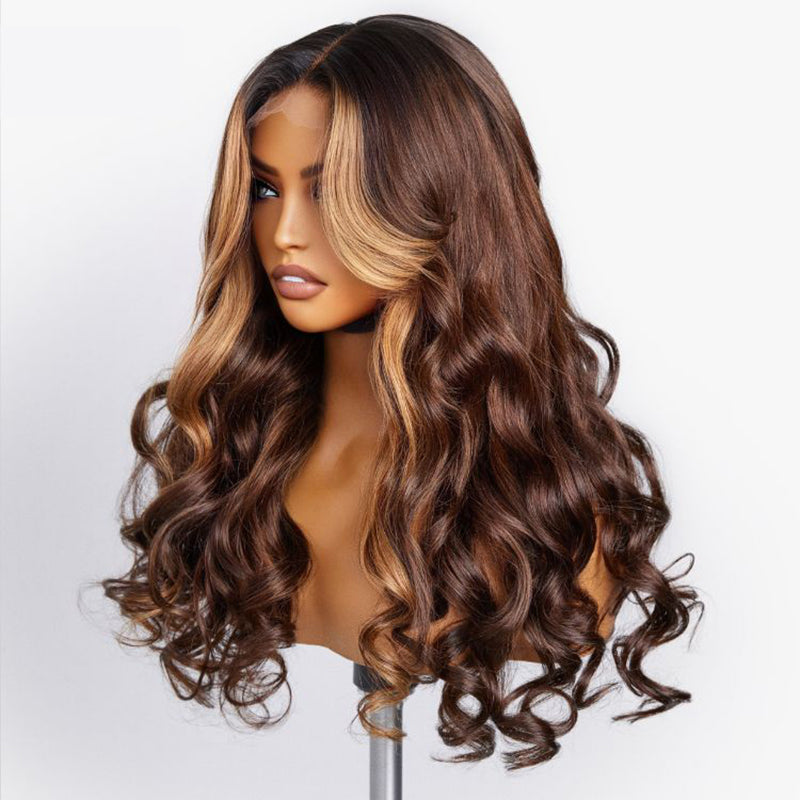 Brown Highlight With Natural Hair Roots Loose Wave Glueless HD Lace Wig