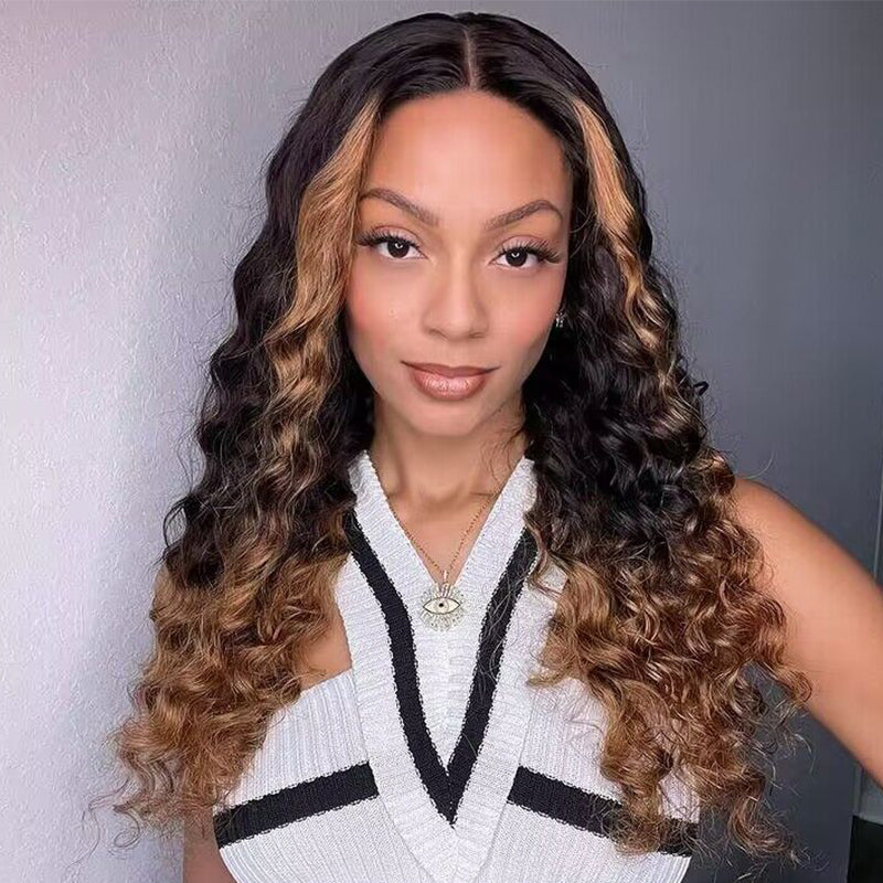 Fluffy Brown Ombre Highlights Water Wave Wigs For Women Colored Human Hair Wig - sterlyhair